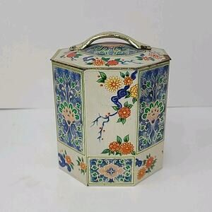 Vintage Baret Ware Tin Container Made in England Octagon 5x4.5" Asian Tea Floral